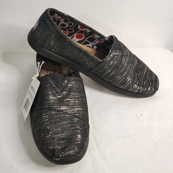 NEW! Skechers BOBS Sparkly Slip-On Flat Shoes Sz 8.5 Women's Black Silver - Picture 1 of 9